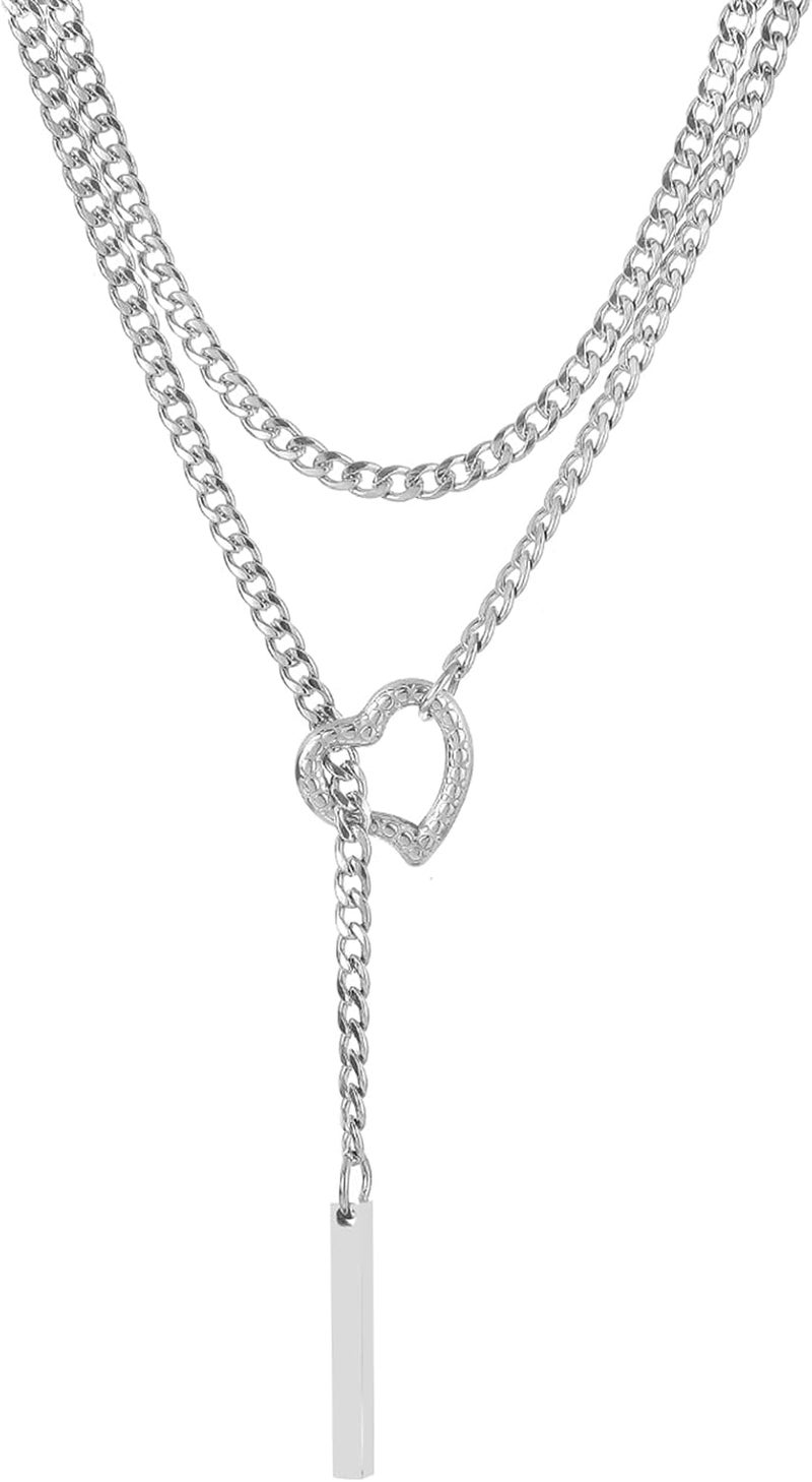 MIFYNN Heart O ring Slip Chain Necklaces for Women Stainless Steel Cuban Chain Bar Necklace Punk Rock Collar Necklace Handmade Adjustable Lariat Y Necklaces for Men - Image 1